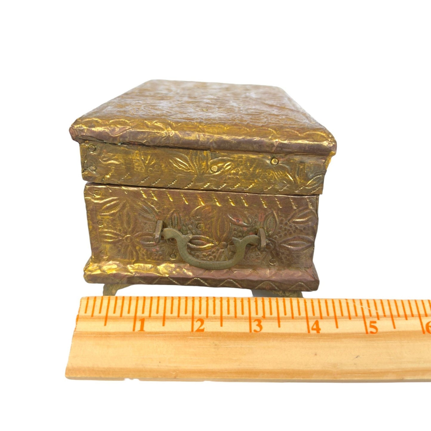 (Reserved for Customer) Vintage Embossed Repousse Brass Jewelry Box Red Velvet Lined Ornate Features
