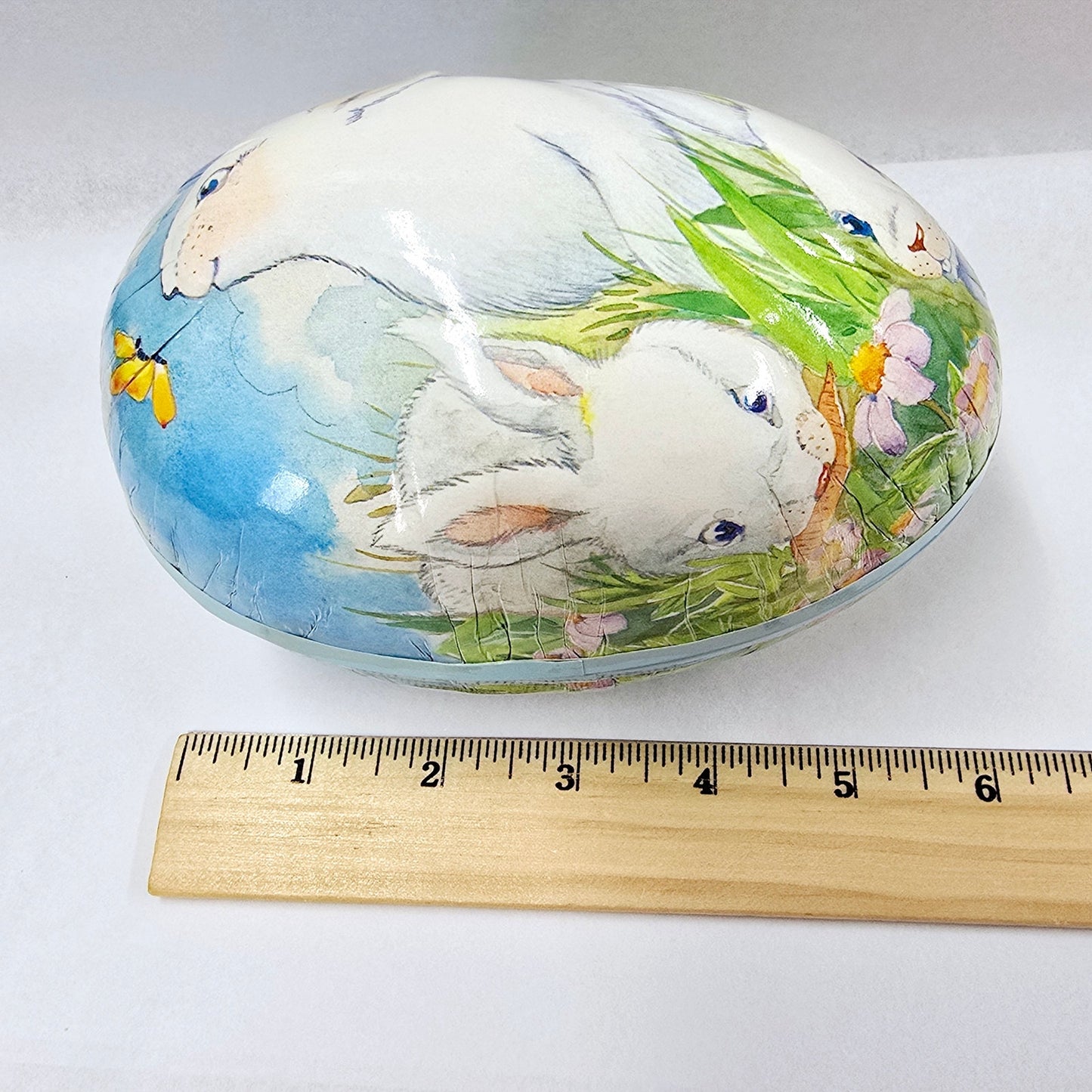 Large Paper Mache Novelty Easter Egg Candy Box with Bunnies, Flowers and Butterflies by See's Candy