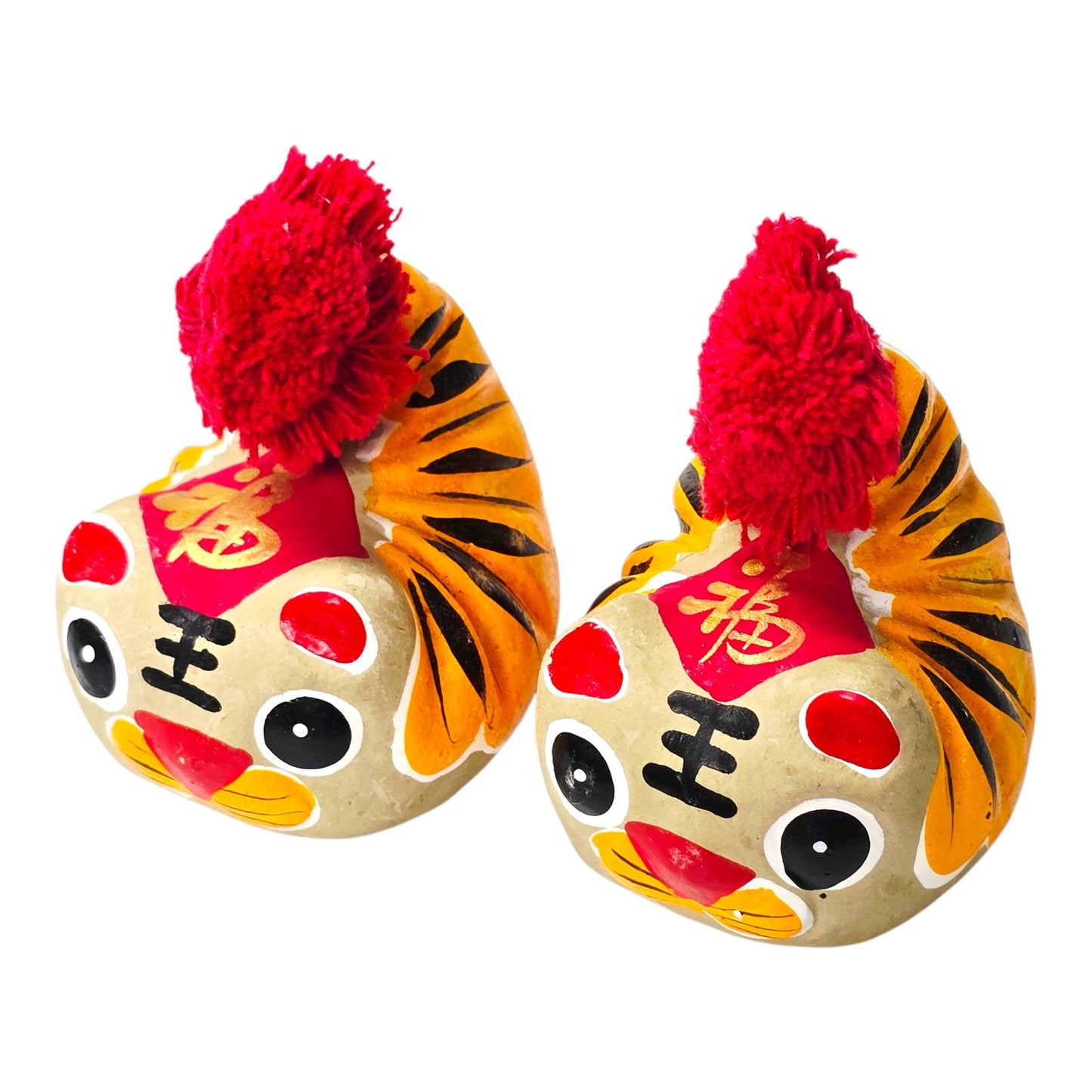 Vintage Chinese Folk Art Clay Tigers Pair Shrimp Body Style Good Luck Fu Wan
