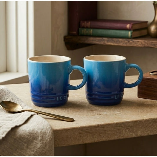 Le Creuset Marseille Blue Mini Espresso Mugs Stoneware Demitasse Set of 2 0.1L