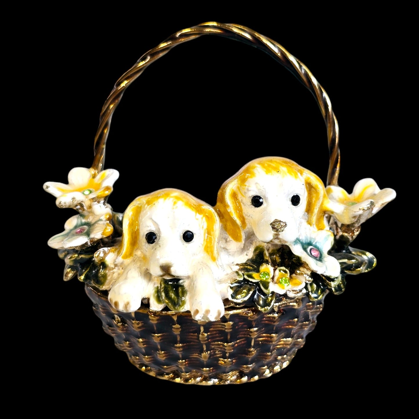 Puppies in a Basket with Flowers Metal Trinket Box