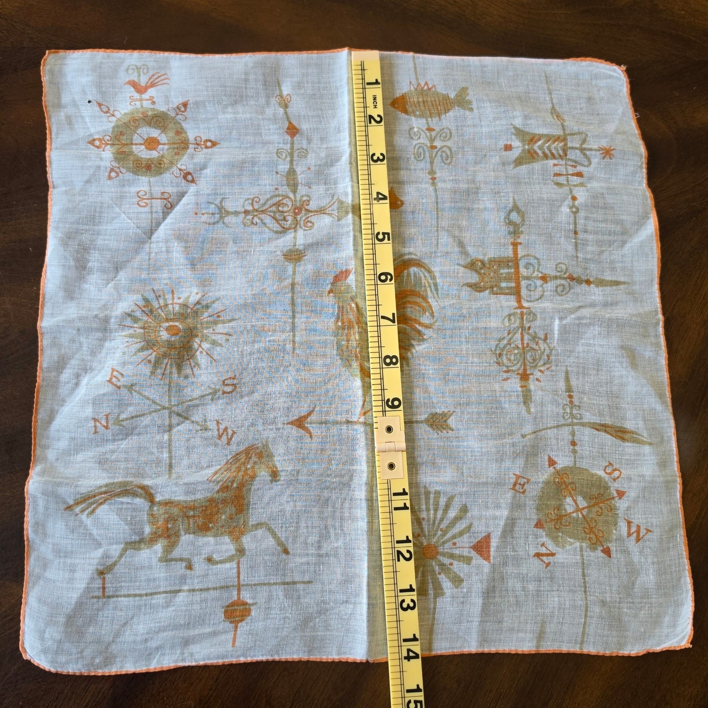Vintage Weather Vane Handkerchief Rooster Horse Fish Retro Yellow Hanky