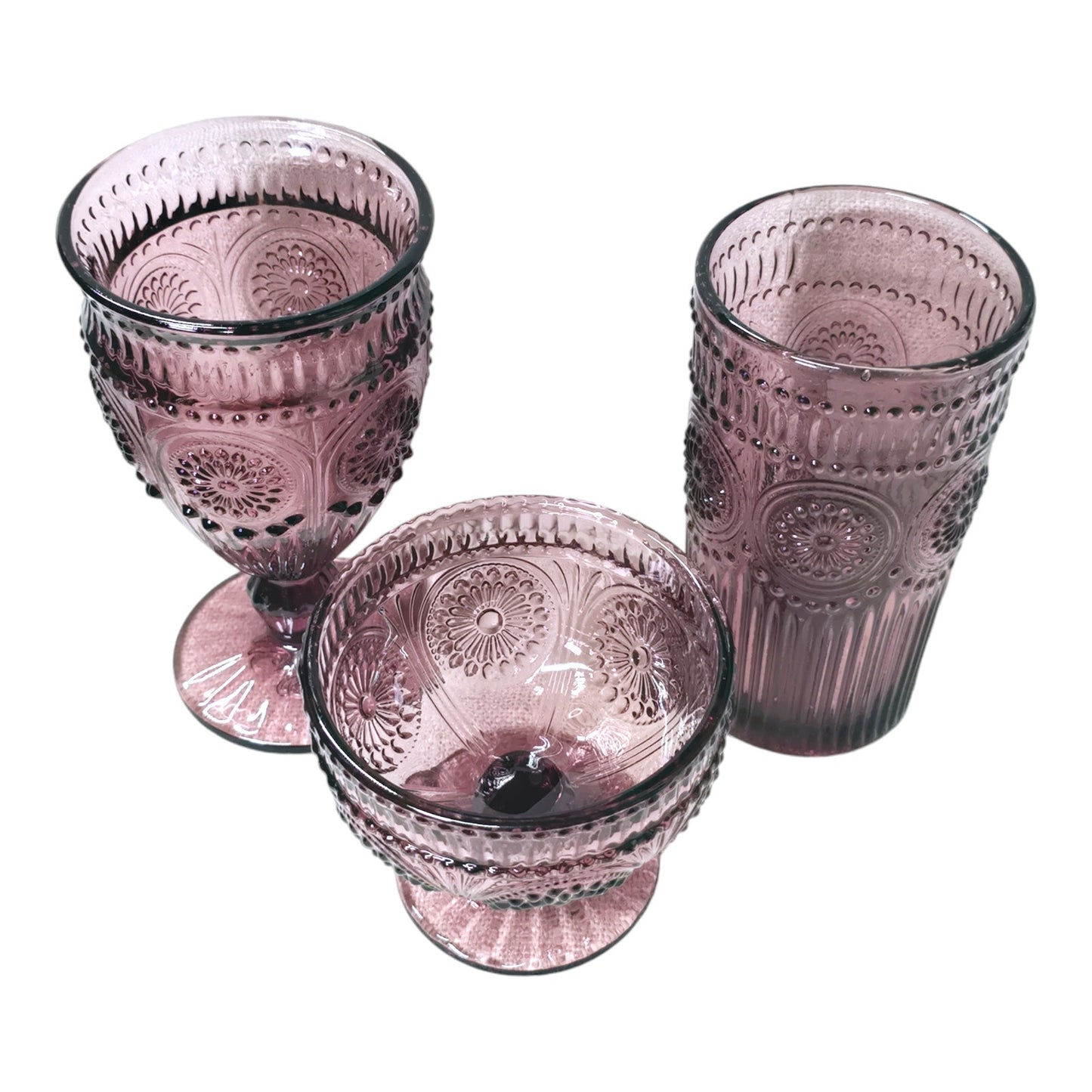 Pioneer Woman Plum Stemmed Glass Lot Raised Pressed Glass Goblet, Water Glass and Dessert Cup