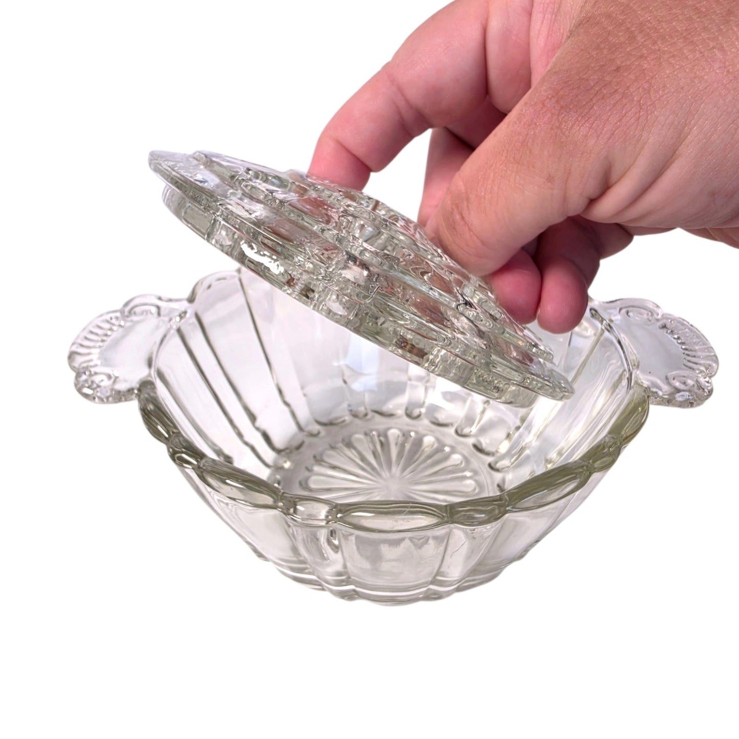 Vintage Clear Pressed Glass Flower Frog Bowl 16-Hole Handle Vase Set