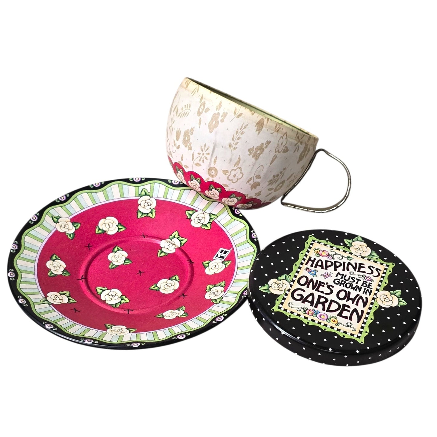 ME Mary Engelbreit  Garden Blossom Lot: Tin Teacup Trinket Holder, Blossom Votive and Photo Album