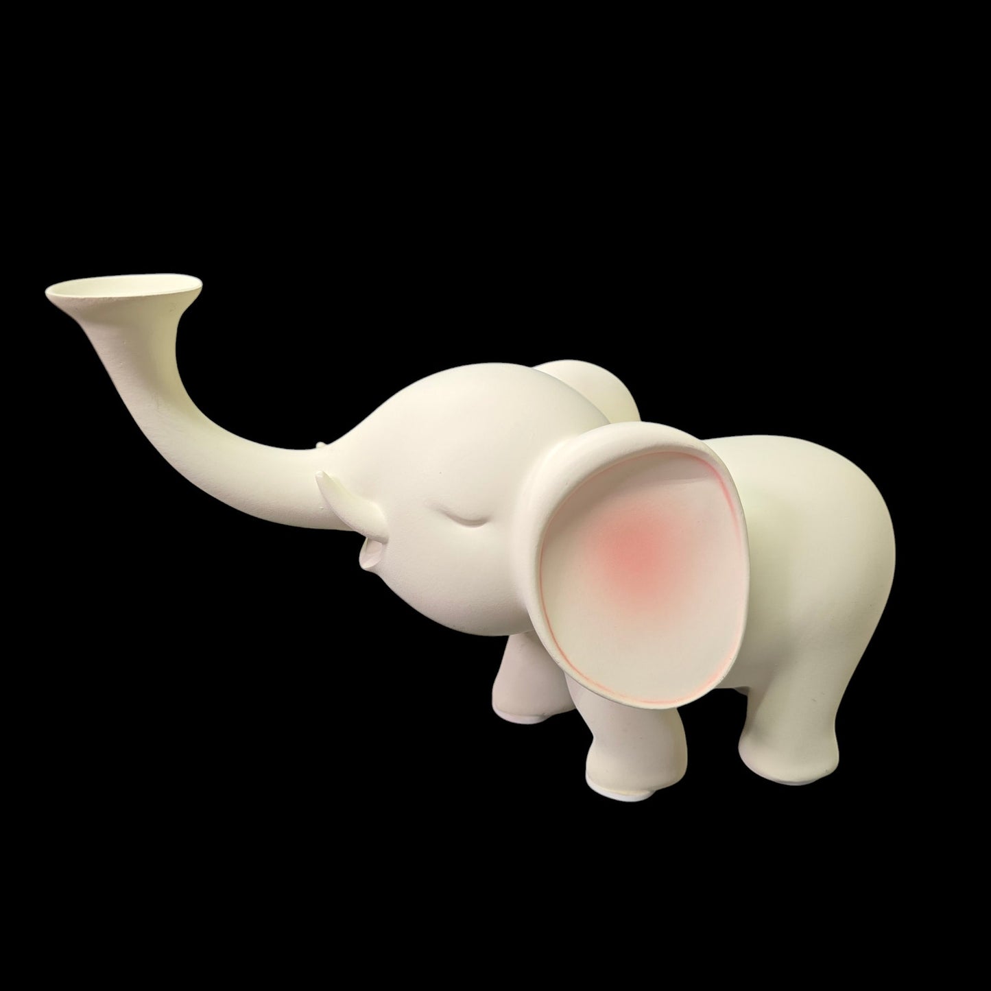 Smooth Satin Ceramic Elephant Figurine, Trunk Up  White and Pink Elephant