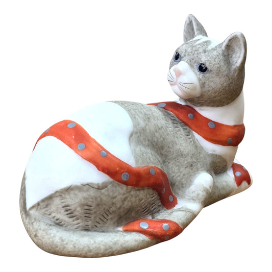 Vtg Silvestri Cat Figurine Handcrafted Taiwan Ceramic Gray White Orange Ribbon