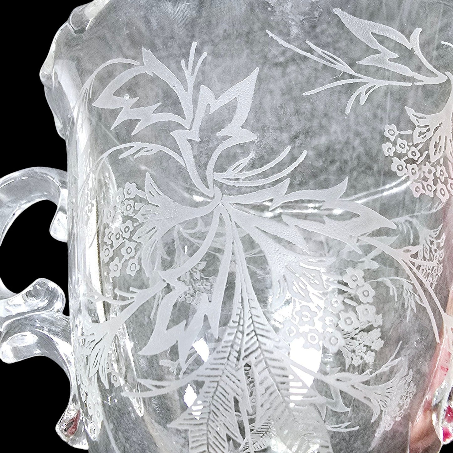 Vtg Fostoria Heather Glass Sugar Jar w/ Handles Baroque Style Floral Leaf Pattern