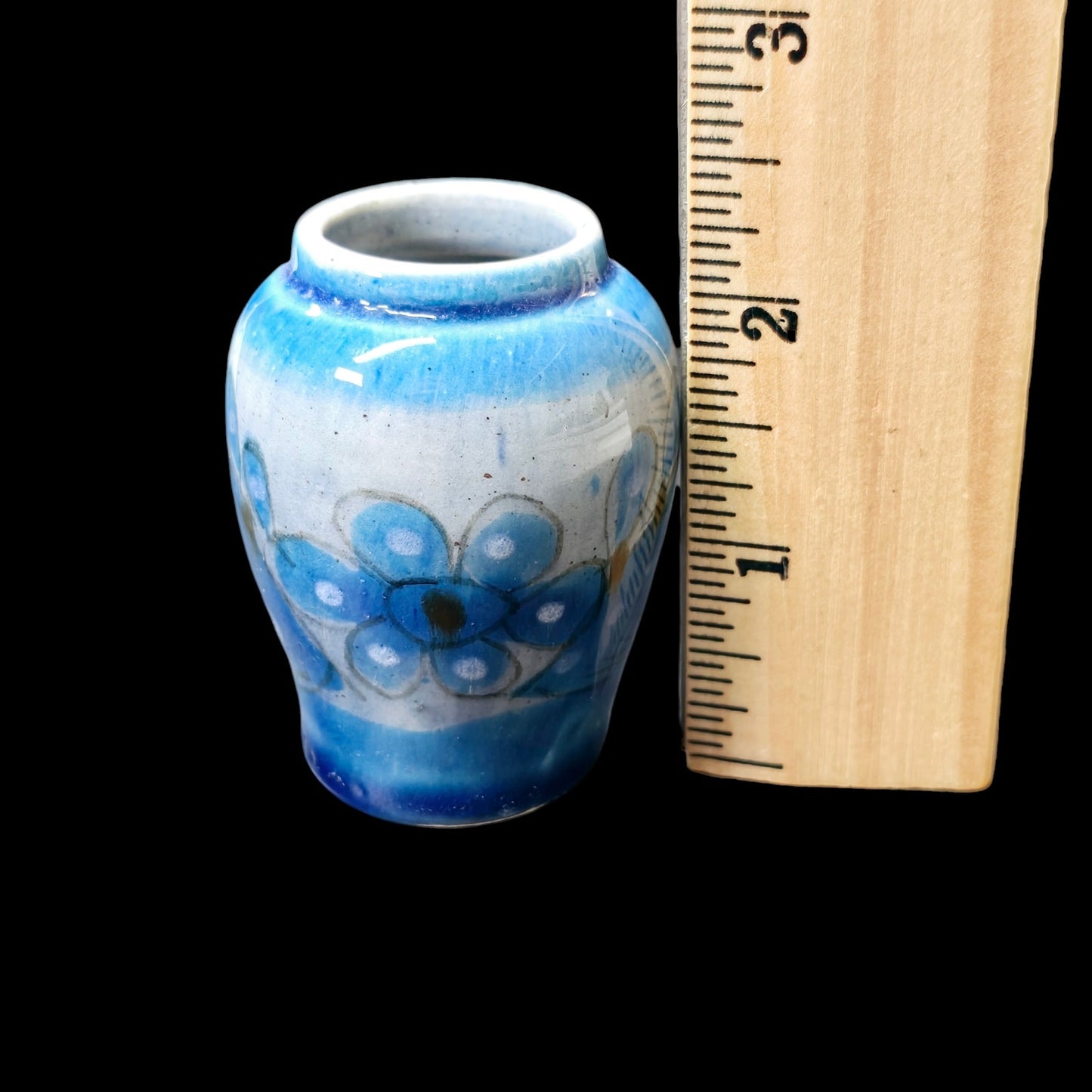 Miniature Stoneware Vase, Handpainted Bud Vase, Tiny Blue Floral Vase 2.25"