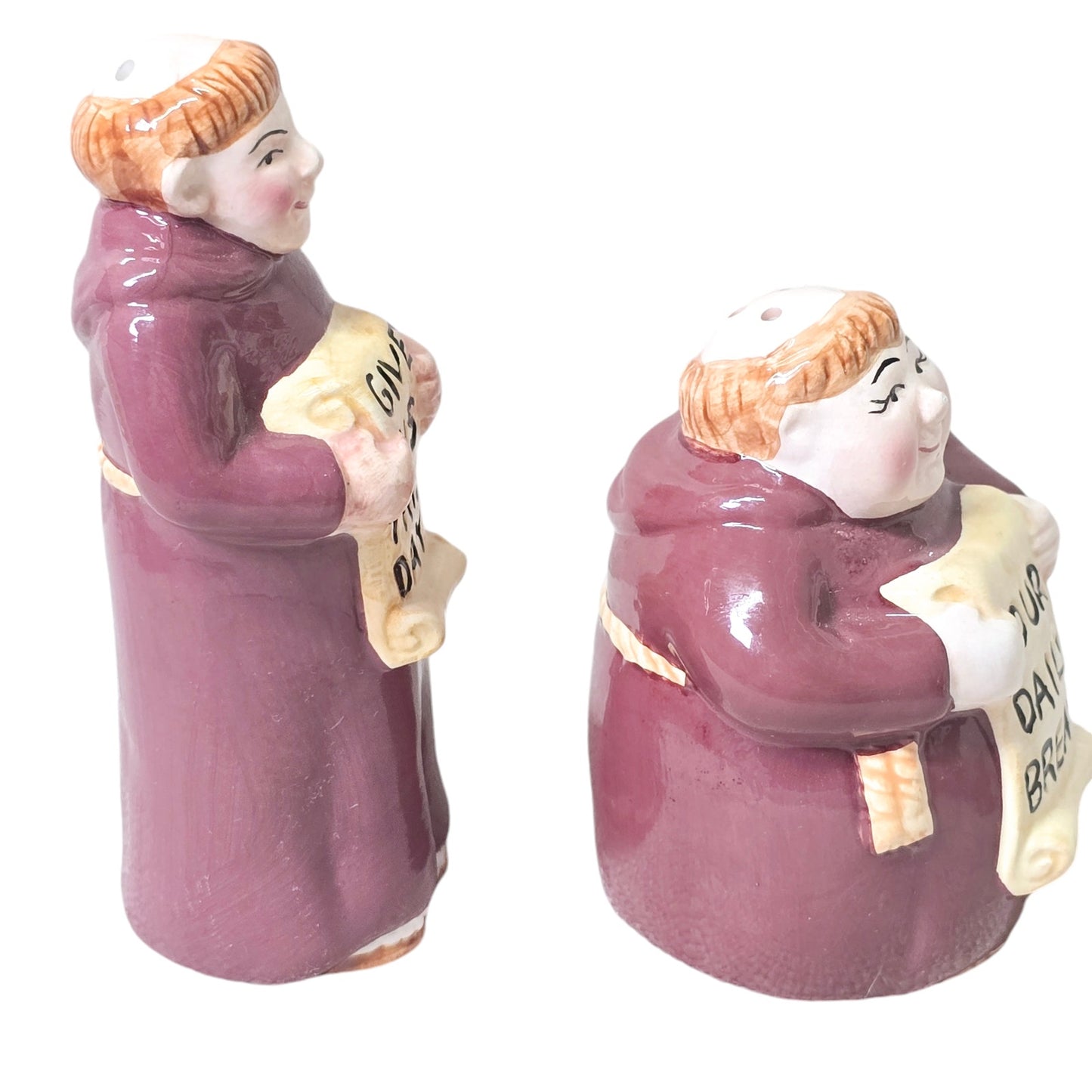 Vintage Monk Salt & Pepper Shakers "Give Us This Day Our Daily Bread”, Clay Art