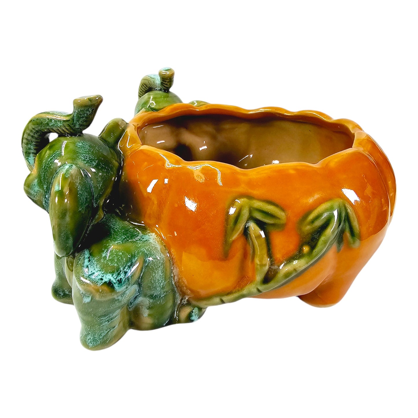 Vintage Majolica Pottery Two-Trunks Up Elephant in Orange Pumkin Planter Pot, 4" H