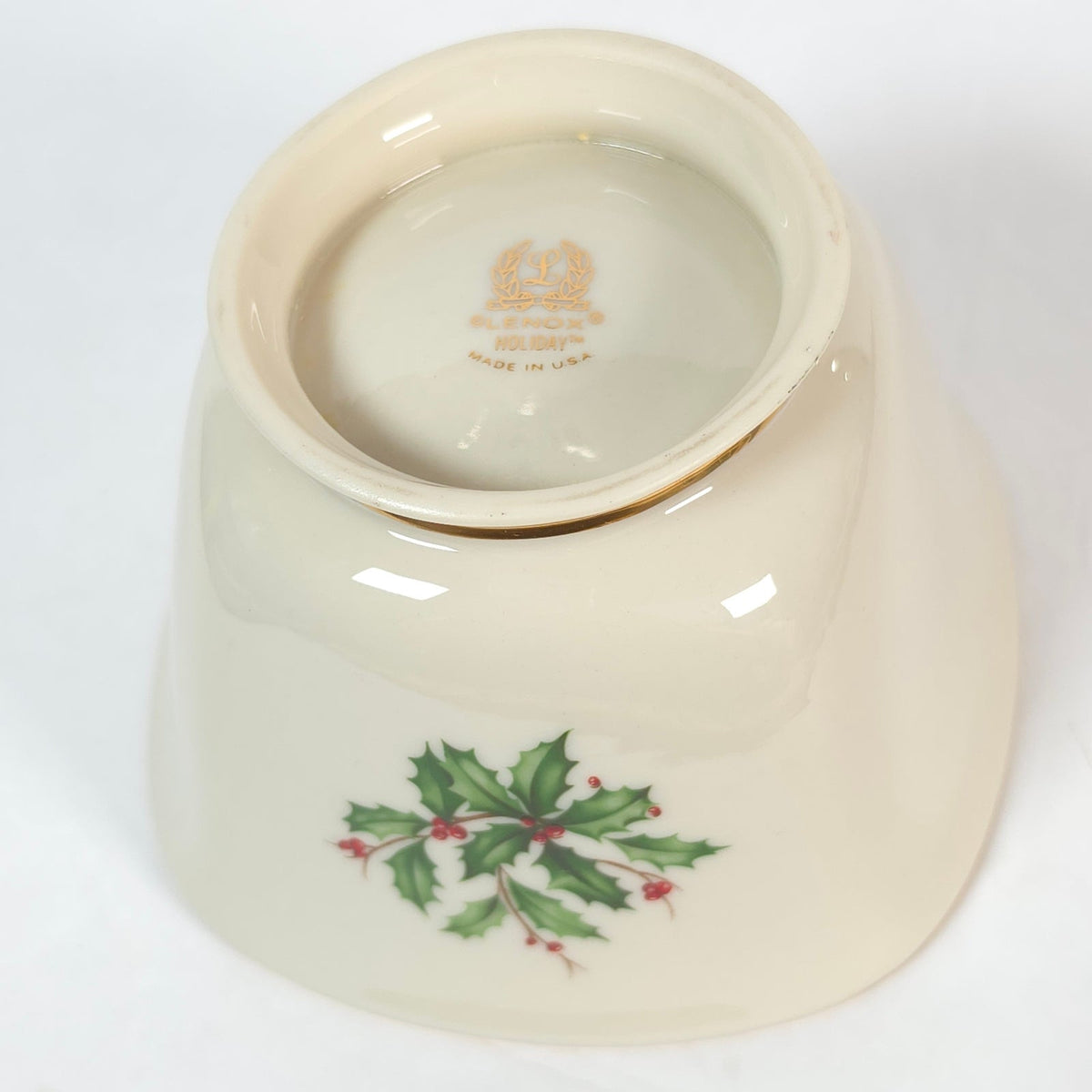 Vintage Lenox Holiday Holly Berry Footed Square Bowl Gold Trim Made in USA
