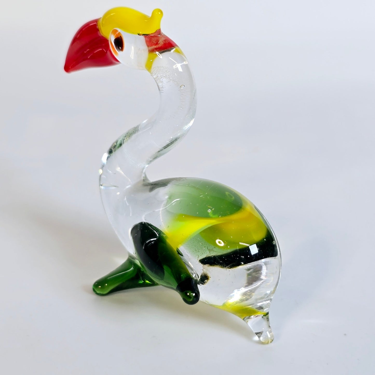 Handblown Blue Art Glass Pelican, Yellow, Orange and Green Stretch Glass Pelican Bird