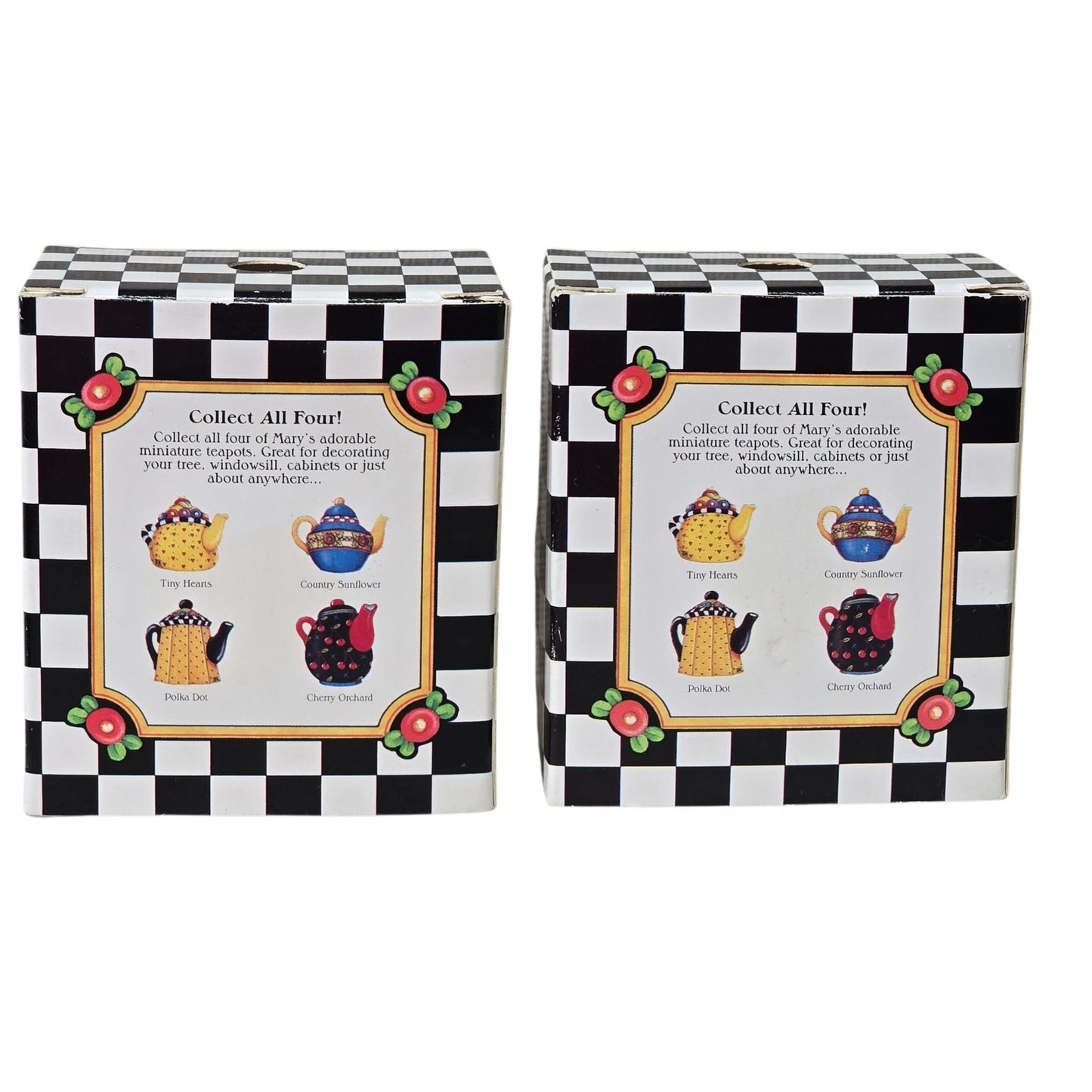 Set of 2 ME Mary Englebreit Mini Teapot Ornaments New in Box Blue Sunflowers Yellow Hearts
