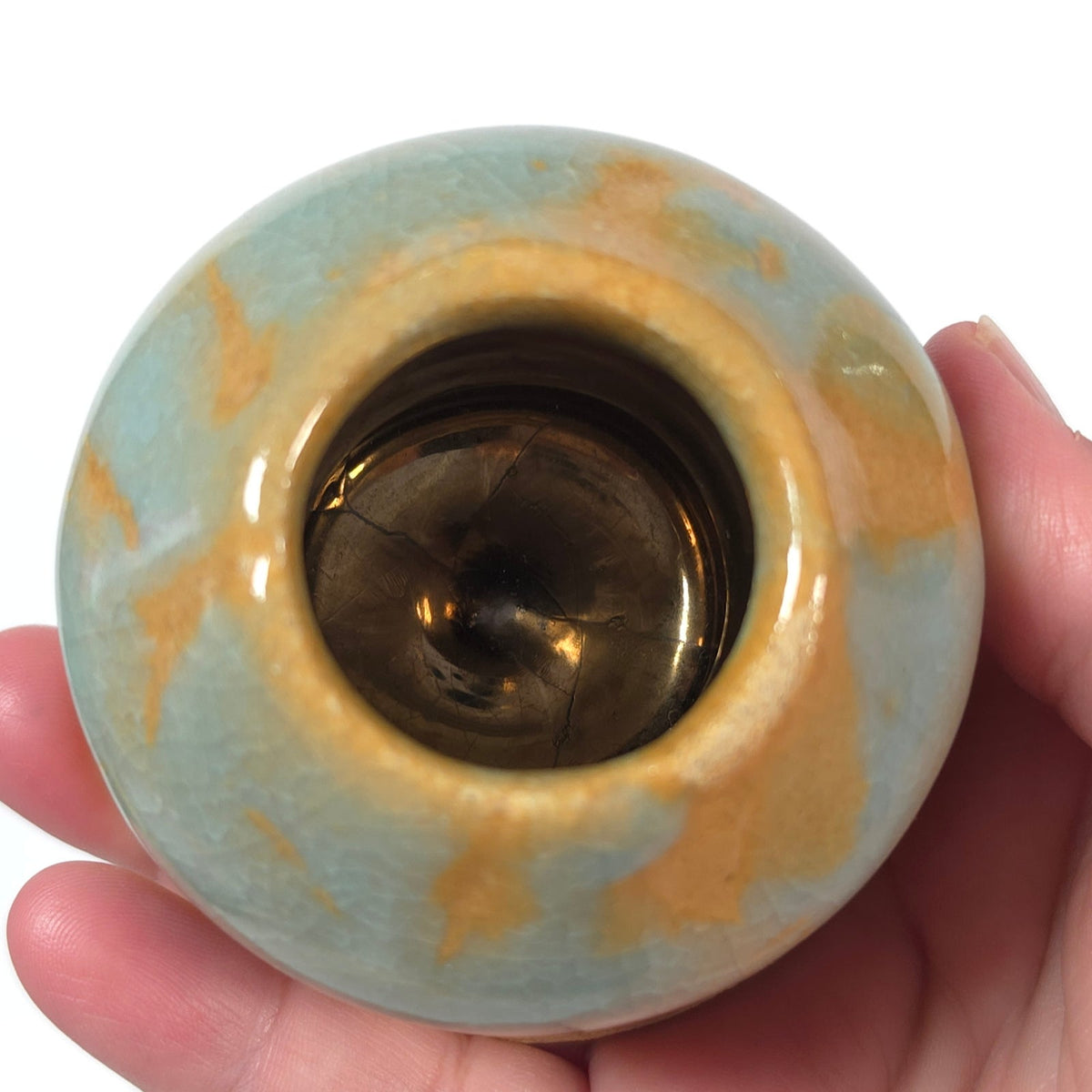 Handmade Student Pottery Mini Vase Blue Tan Copper Tone Interior Signed