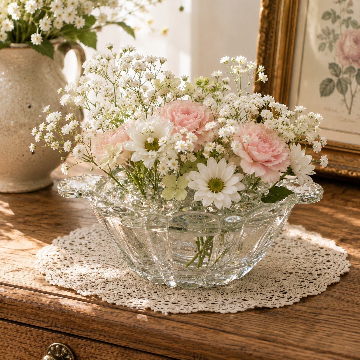 Vintage Clear Pressed Glass Flower Frog Bowl 16-Hole Handle Vase Set