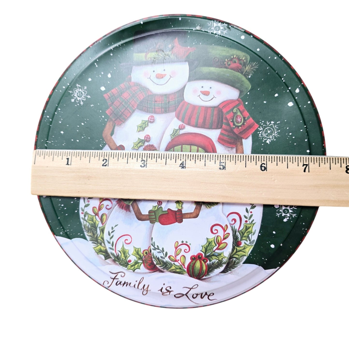 Set of 2 7" Holiday Christmas Tins Snowman Family is Love & Santa As Is Rim Dent