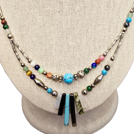 * Two Strand Multi Gemstone Necklace Southwestern Boho Hippie Barrel Clasp