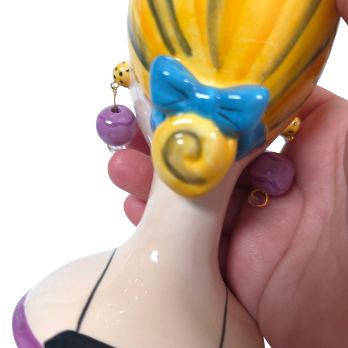 BABS Whimsical Ceramic Lady Head Vase Blonde Green Eyes Purple Earrings