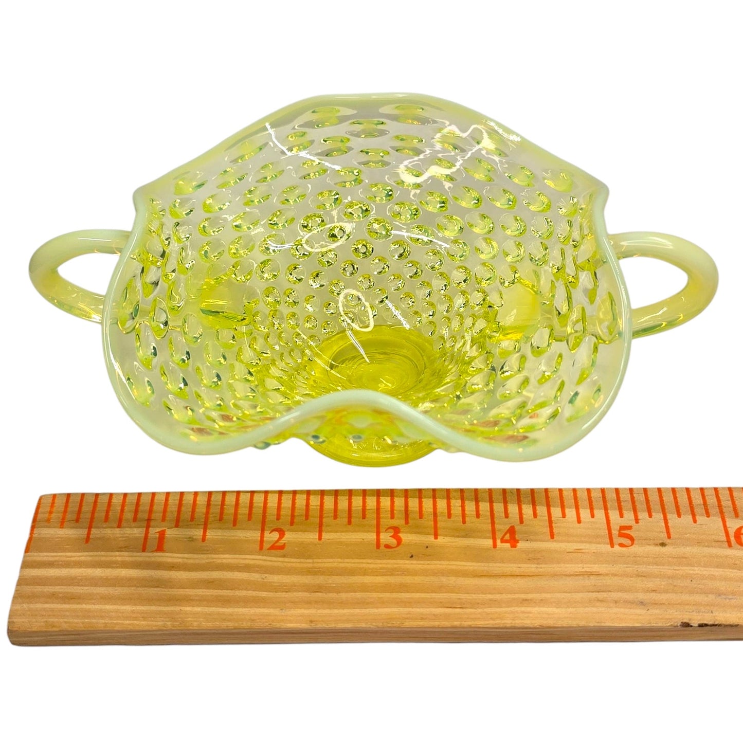 Fenton Vaseline Opalescent Hobnail Bonbon Dish Uranium Glass Double Handle Glows