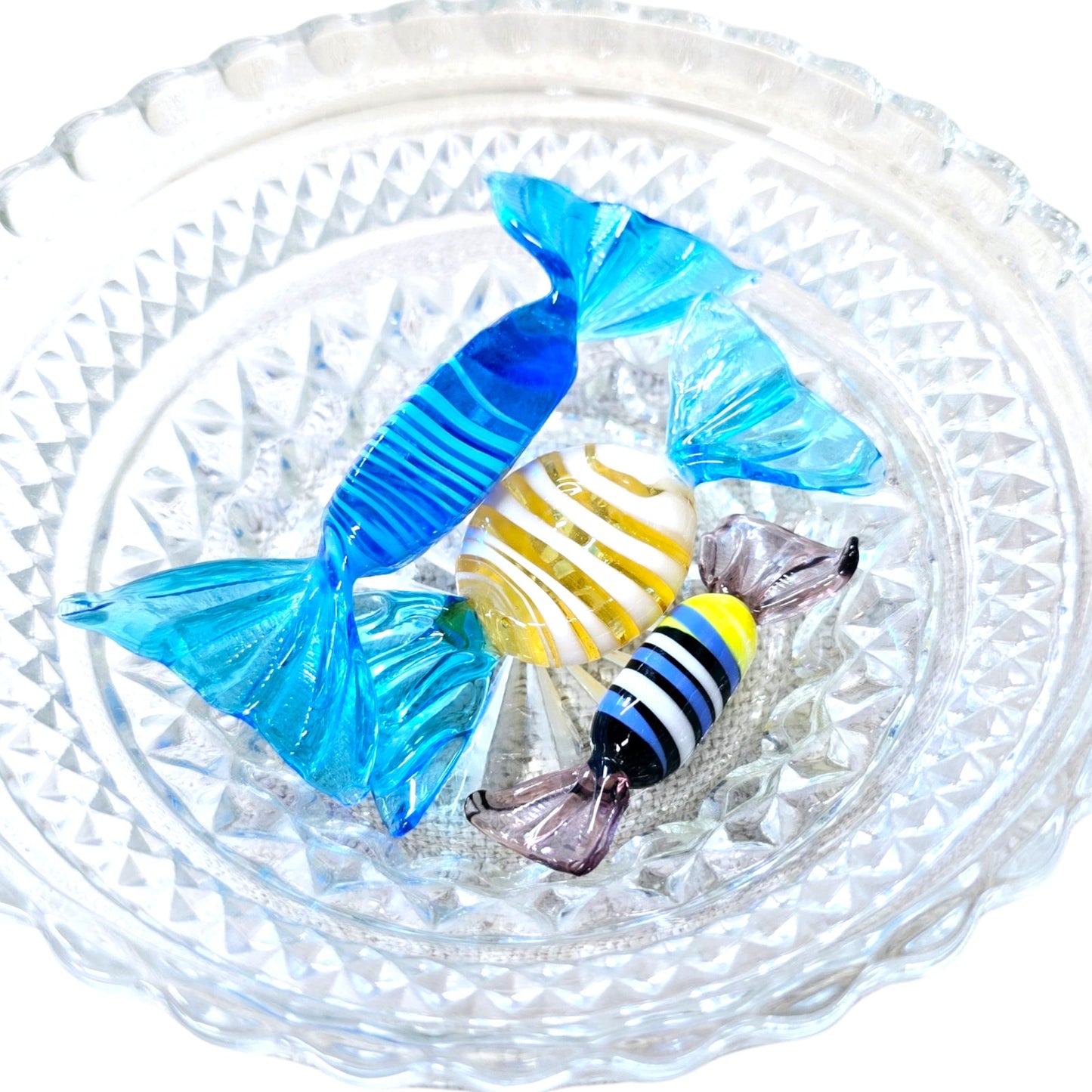Handblown Art Glass Candies in Vintage Dish, Set of 3 Candies