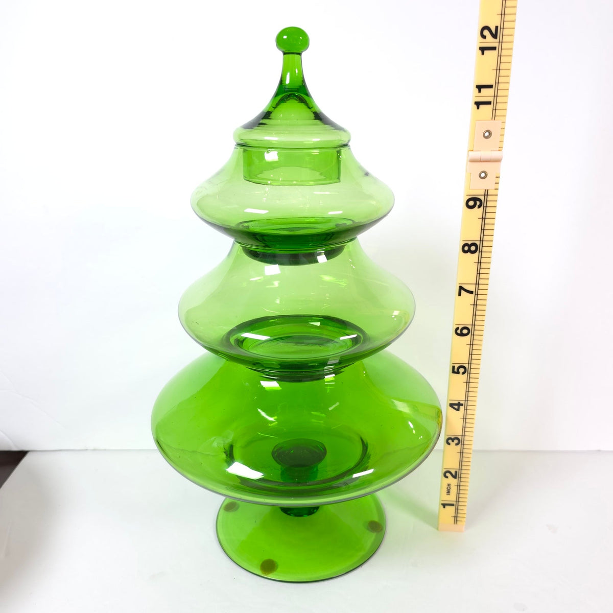 Vtg MCM Empoli Green Glass Christmas Tree Stacking Candy Apothecary Jar 4 Piece