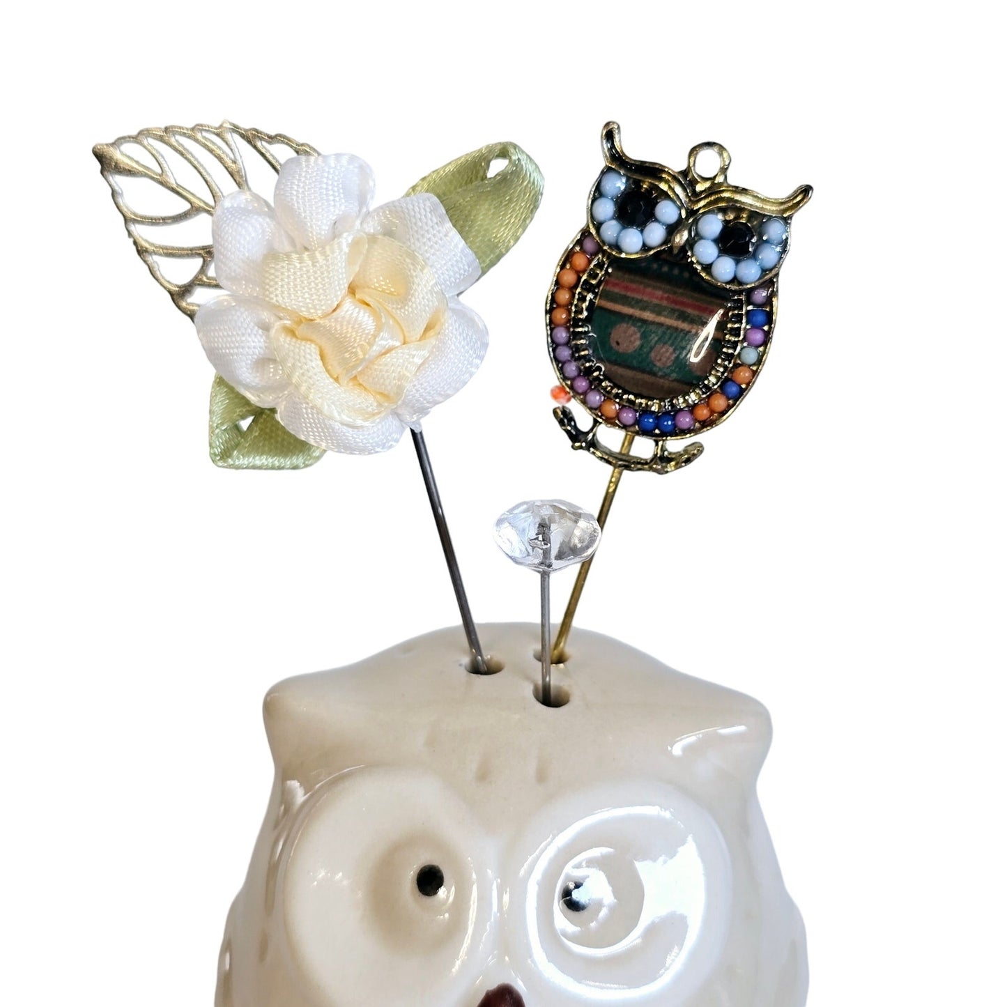 Ceramic Owl Salt Shaker Display with 3 Hat Pins