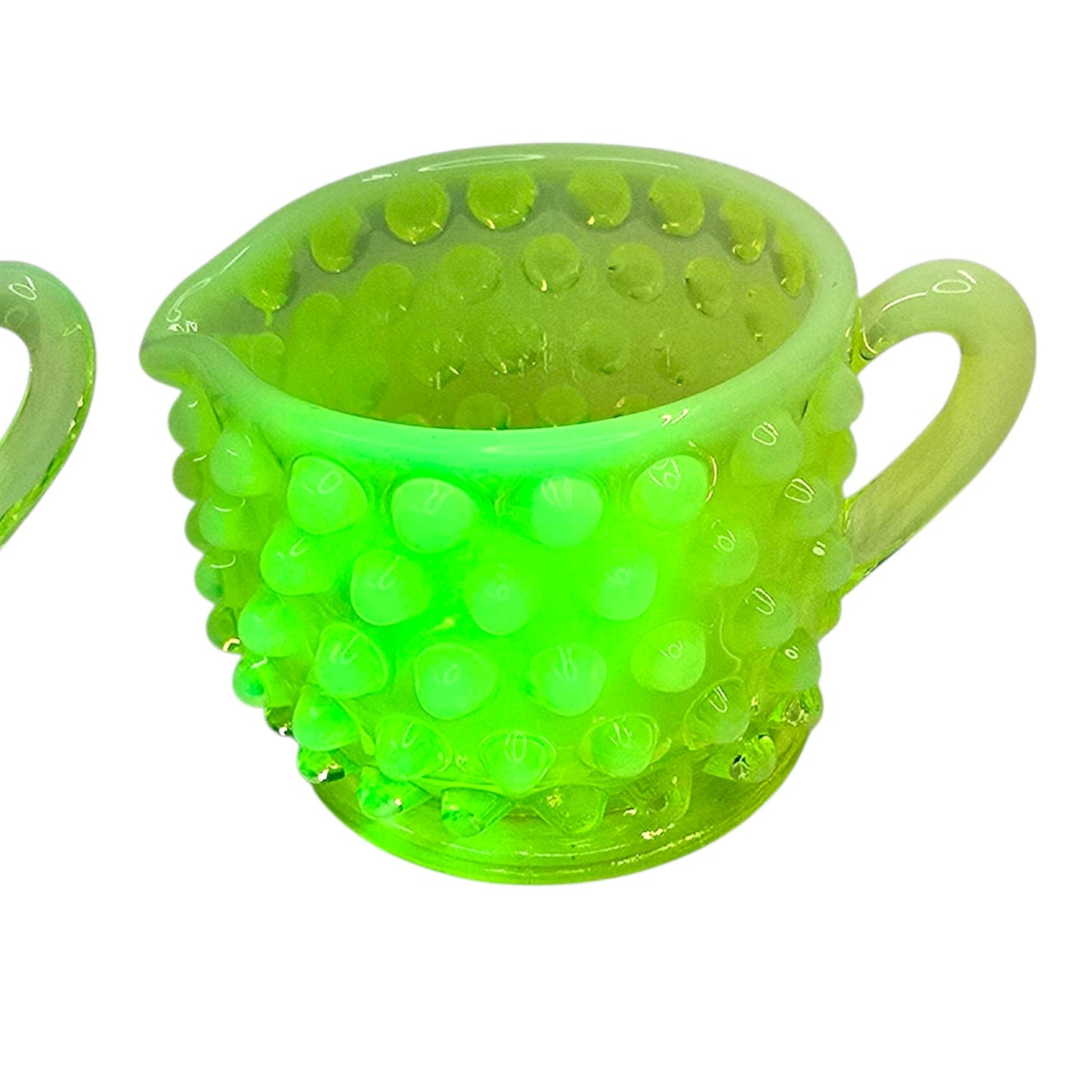 (Reserved for Customer) Fenton Vaseline Opalescent Hobnail Creamer & Sugar Set Uranium Reactive
