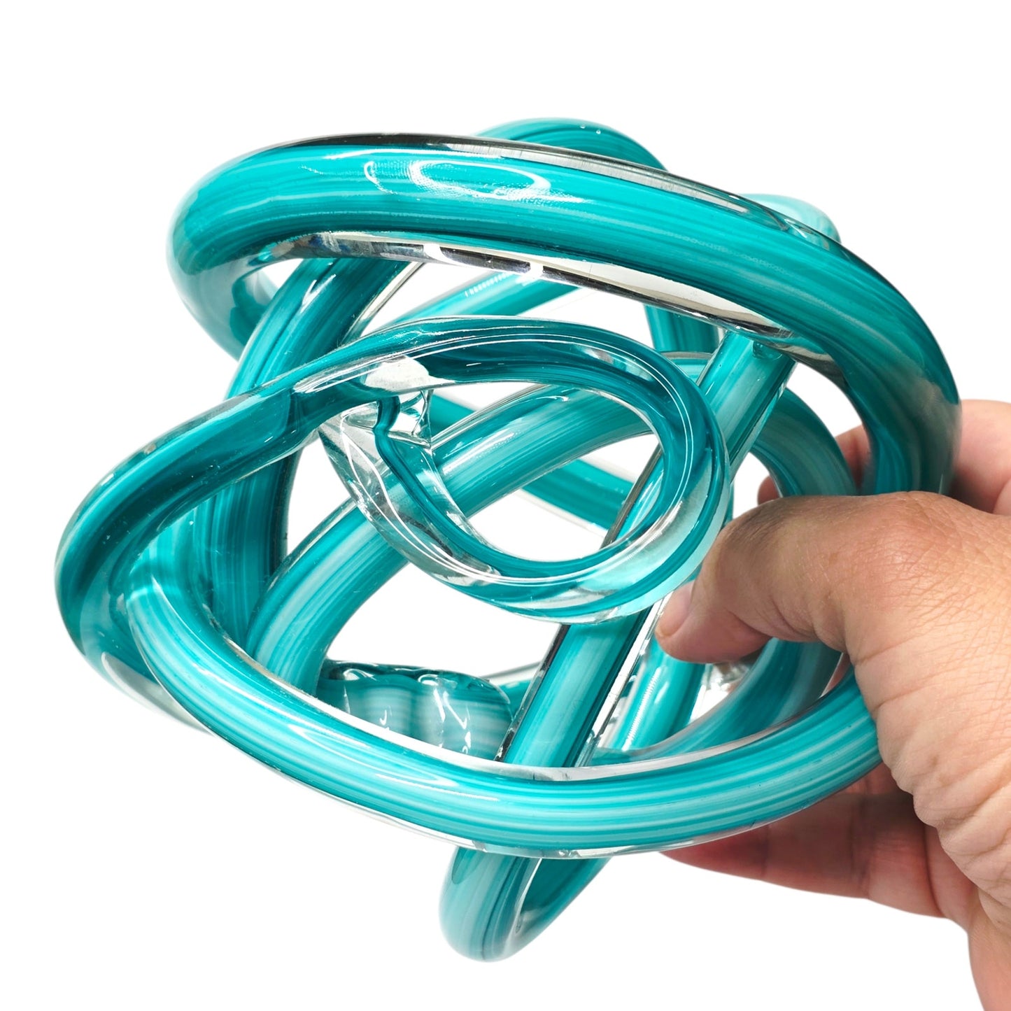 Teal Blue Hand-Blown Art Glass Knot Sculpture - Modern Abstract Decor