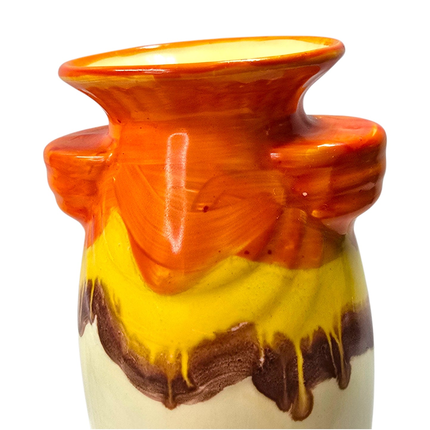 Vtg Czechoslovakia Pottery Vase Orange Yellow Brown Drip Glaze Ceramic 6"