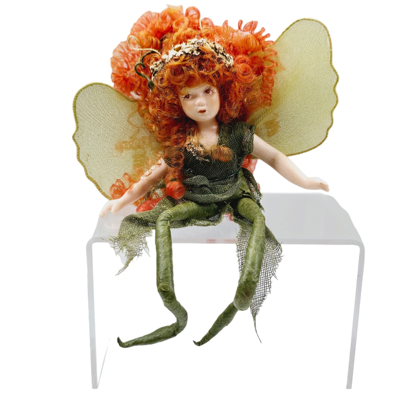 Vintage Porcelain Fairy Shelf Sitter, Green Fairy with Red Hair, 4" H