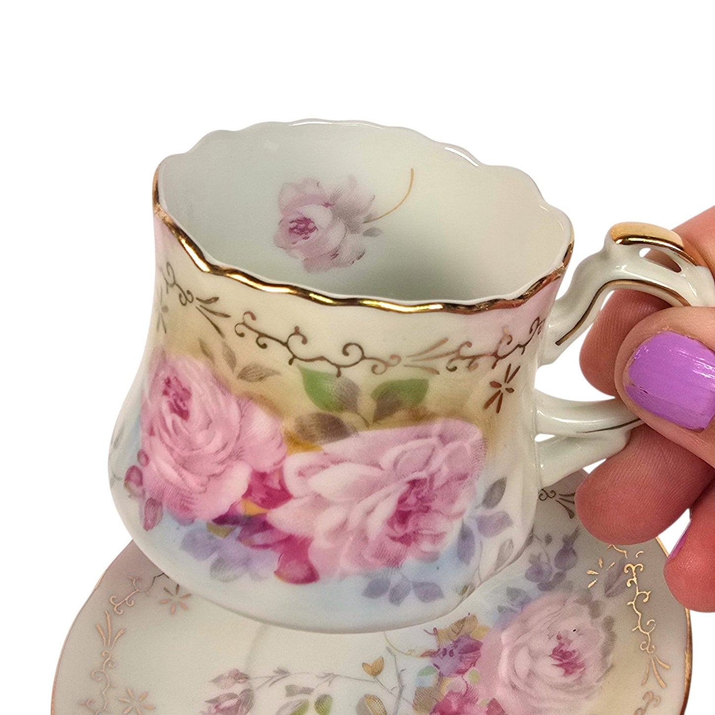 Vintage Japanese Porcelain Demitasse Cup and Saucer Set Floral Gold Trim Rose