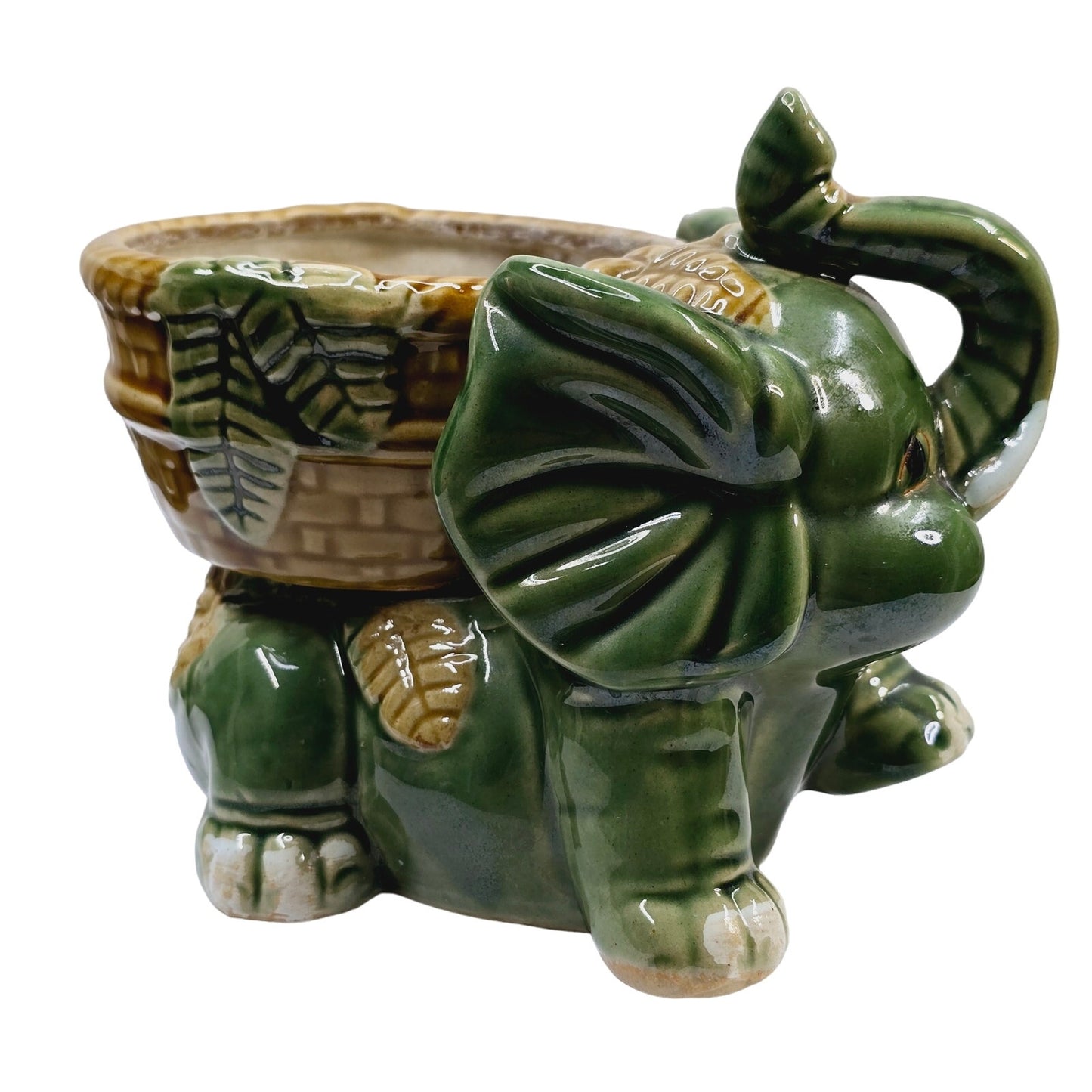 Vintage Majolica Glazed Pottery Lucky Elephant Holding Basket Planter Drip Glaze Trunk Up