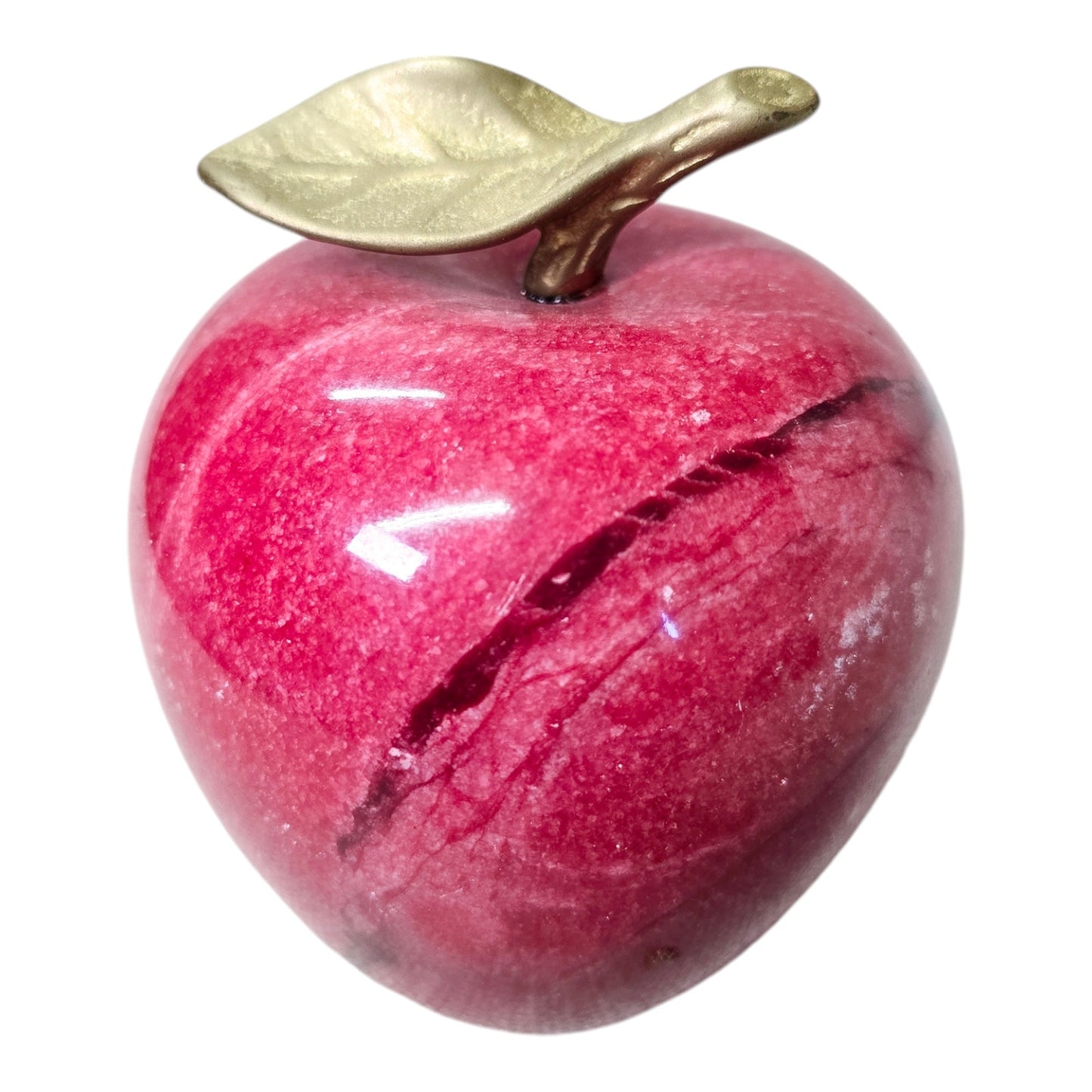 Red Marble Apple Paperweight with Brass Leaf Stem, Teacher Gift