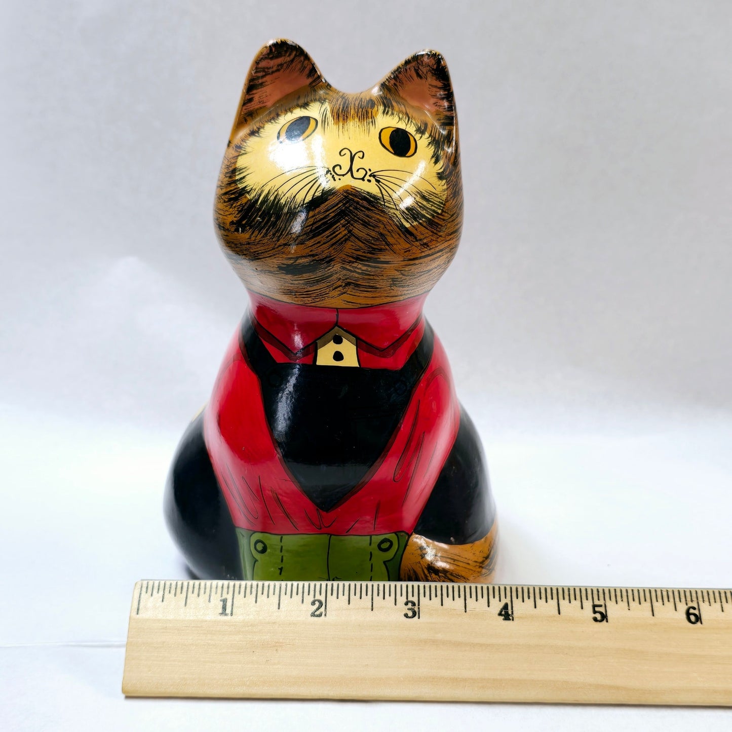 Vintage Joan de Bethel Ceramic Cat Figurine Coin Bank, Architect Cat in Overalls