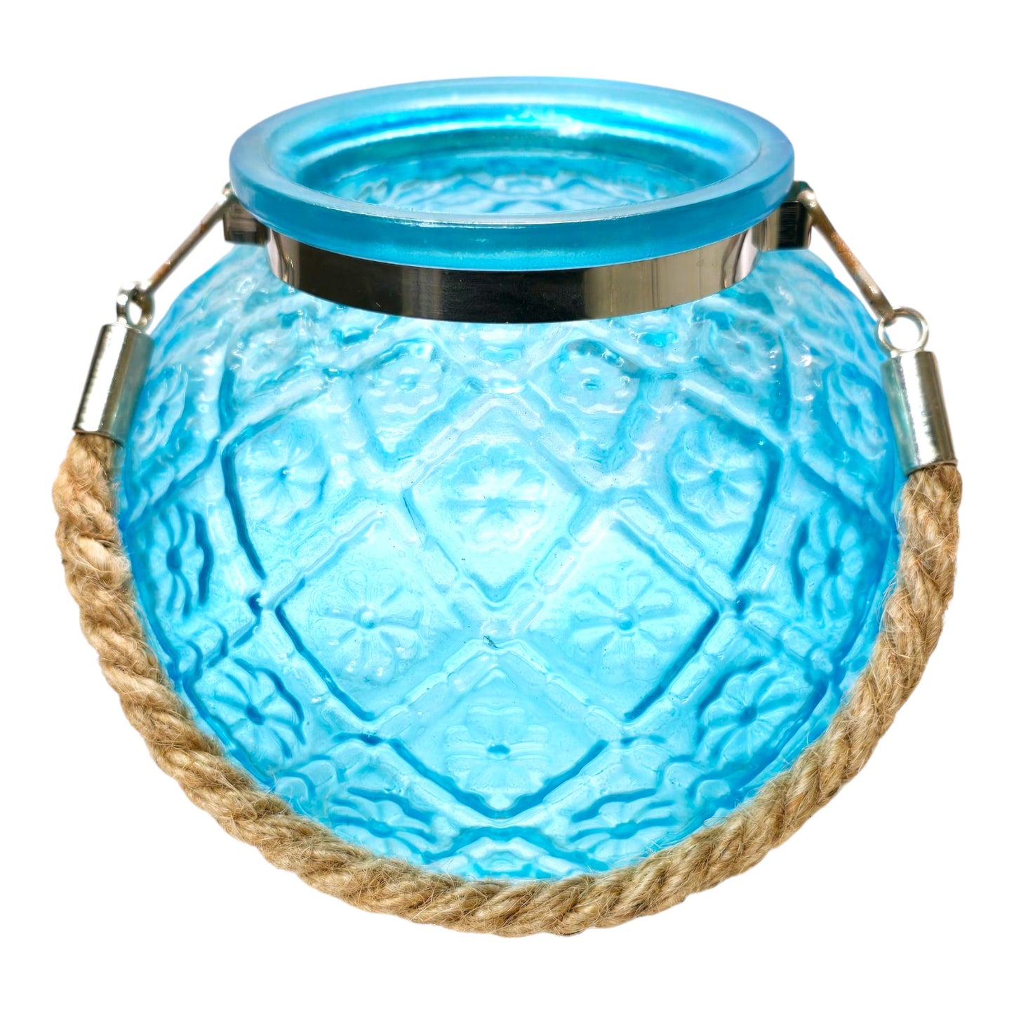 Blue Moroccan Globe Vase Teal Candle Holder w/ Rope Handle Flashed Glass BOHO