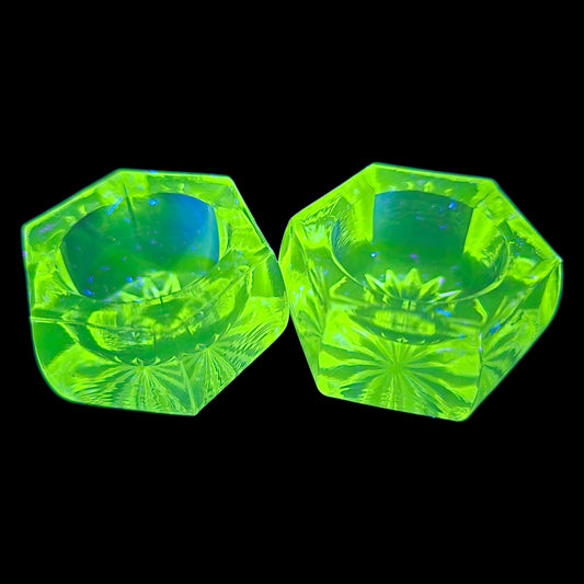 Vintage Clear Glass Salt Cellars Hexagonal Glows Under UV Blacklight Uranium