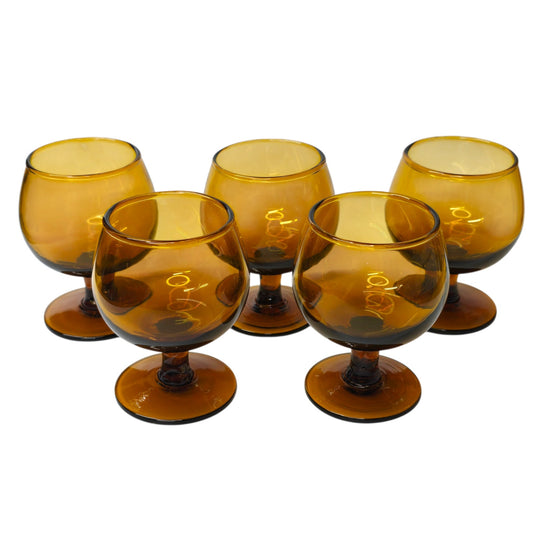 Vintage French Amber Glass Shot Glasses Set of 5 Footed Tulip Aperitif 2.75"