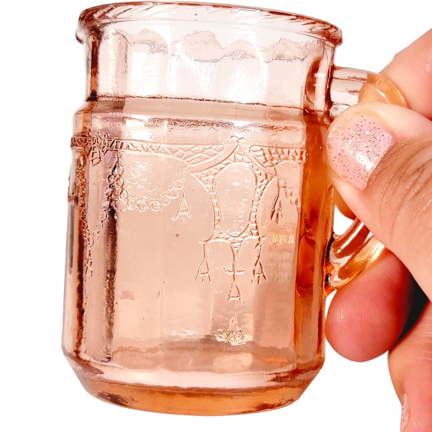 Tiny Vintage Pink Depression Glass Mini Pitcher with 4 Mini Water Tumblers, Doll Tea Party