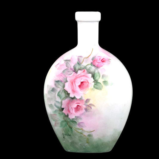 Vintage Handpainted Floral Roses Porcelain Vase, Signed Grace K., Pink Roses, 8" H