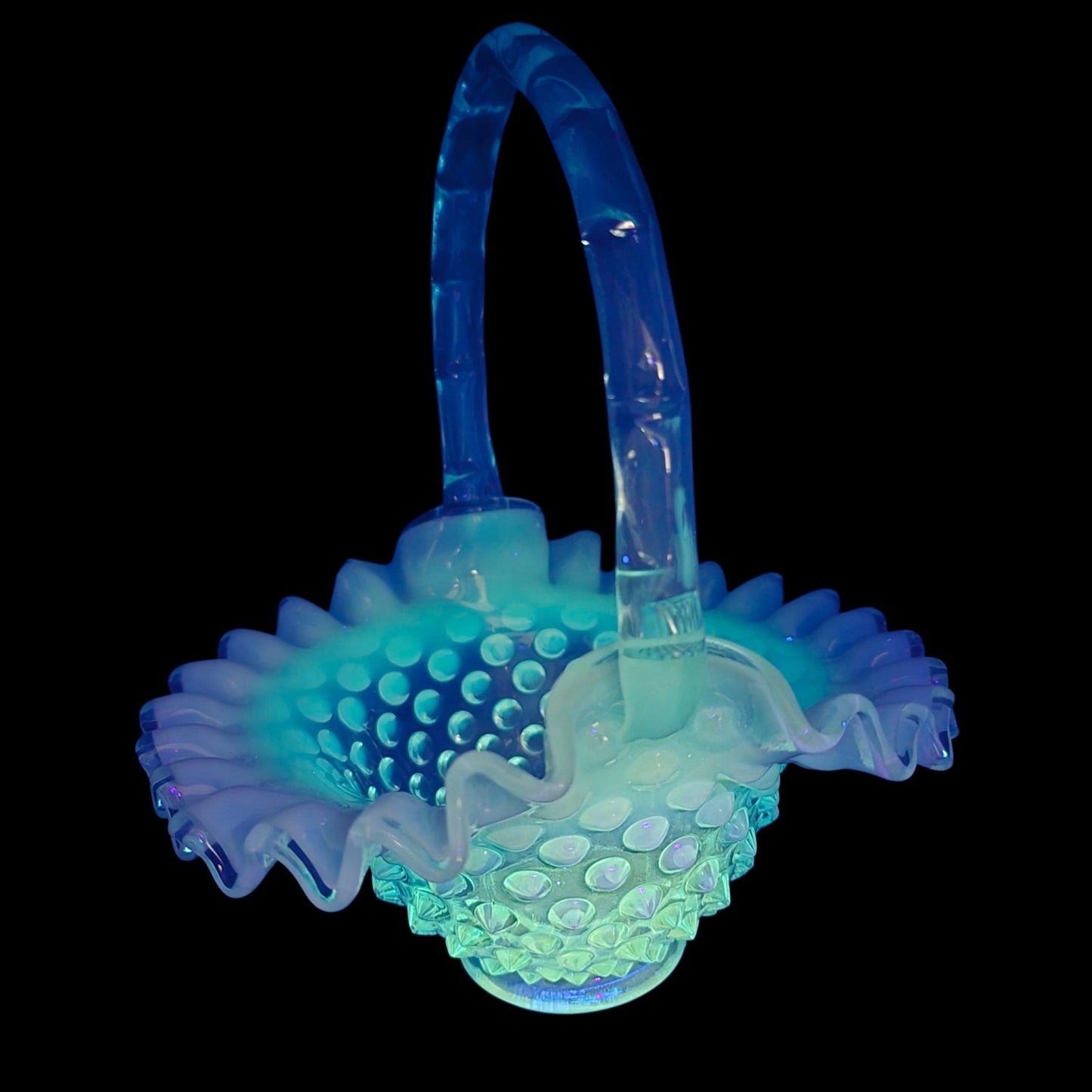 Fenton Blue Opalescent Hobnail Basket Set Uranium Reactive Ruffled Glass Pair