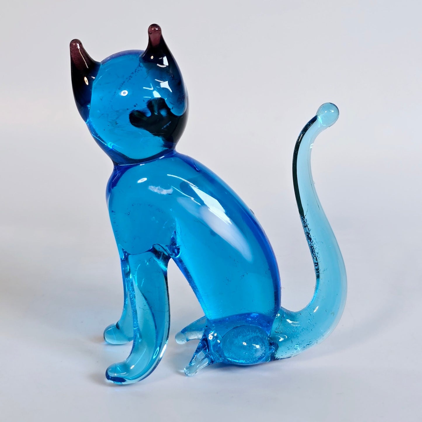 Handblown Blue Art Glass Cat, Sitting, Blue Stretch Glass Cat