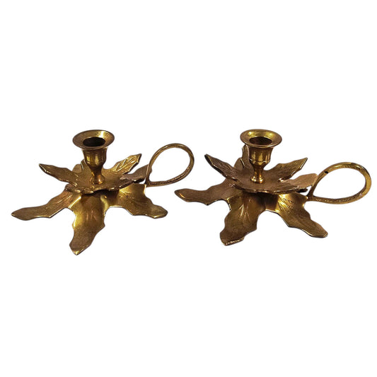 Vintage Solid Brass Leaves Candle Holders with Handle Loop Set of 2