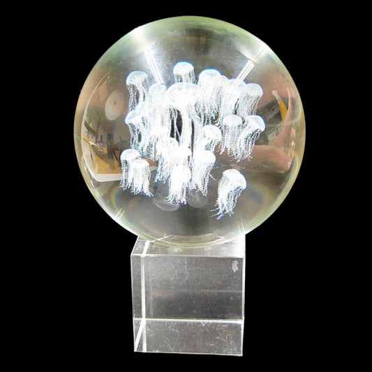 Vintage Art Glass Sphere on Glass Stand Tiny Jellyfish Paperweight Handblown