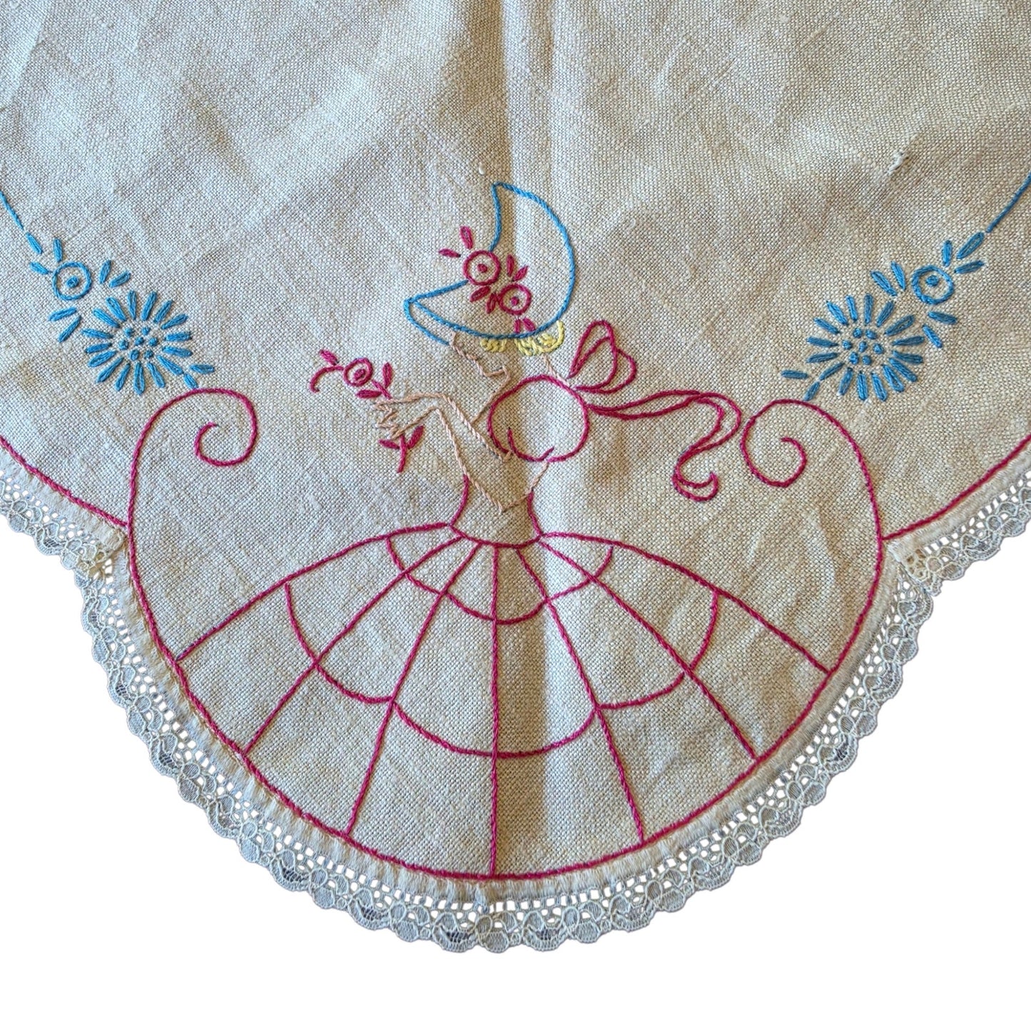 Vintage Crinoline Lady Embroidered Dresser Scarf & Crochet Doily Set Centerpiece