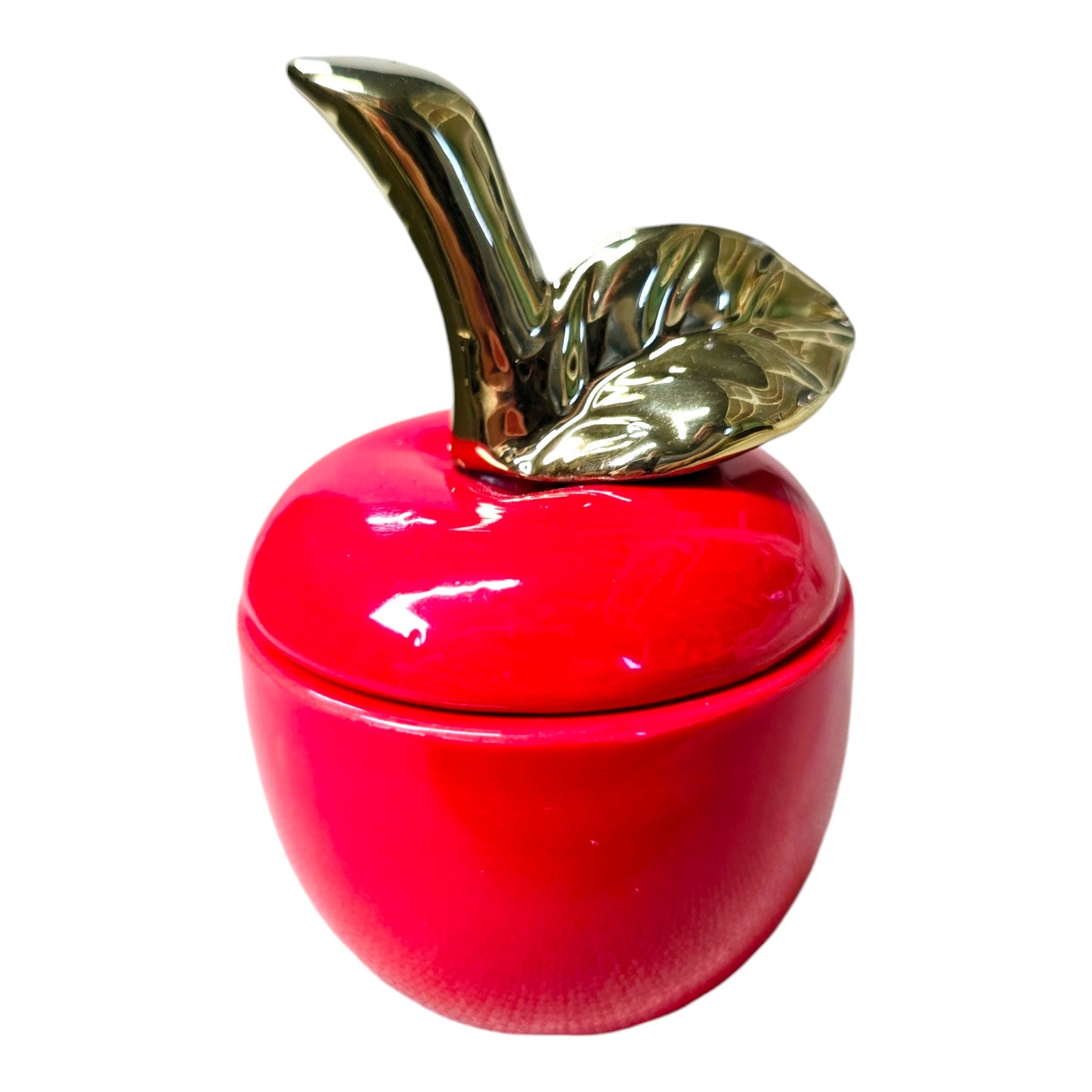 Vintage Red Apple Lidded Ceramic Trinket Box Gold Stem Leaf Glossy Farmhouse