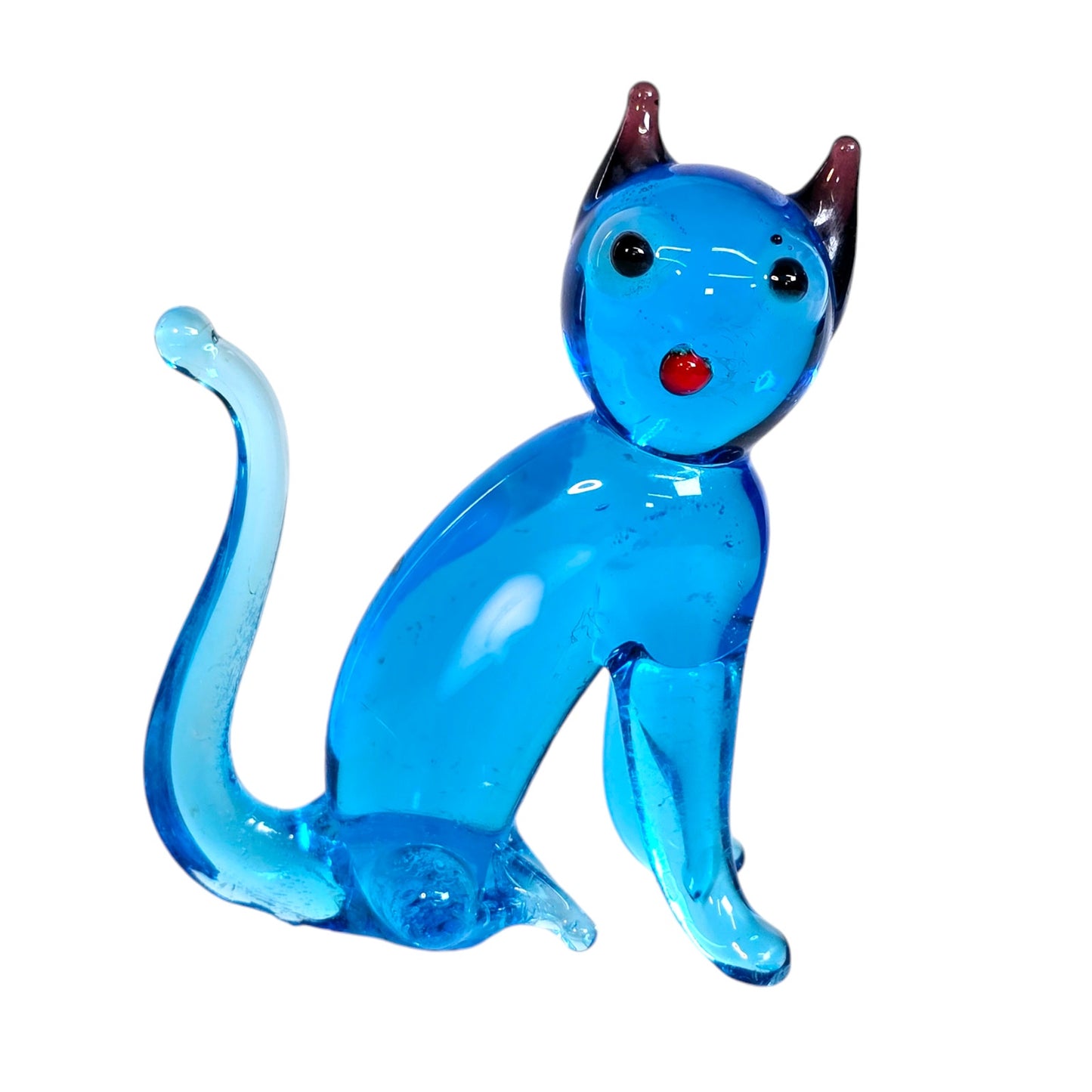 Handblown Blue Art Glass Cat, Sitting, Blue Stretch Glass Cat