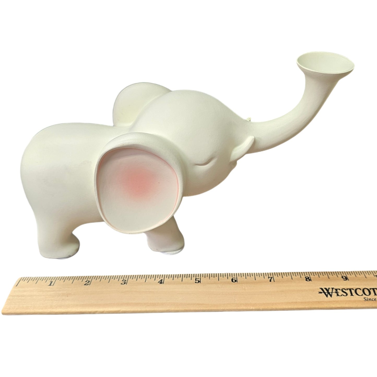 Smooth Satin Ceramic Elephant Figurine, Trunk Up  White and Pink Elephant