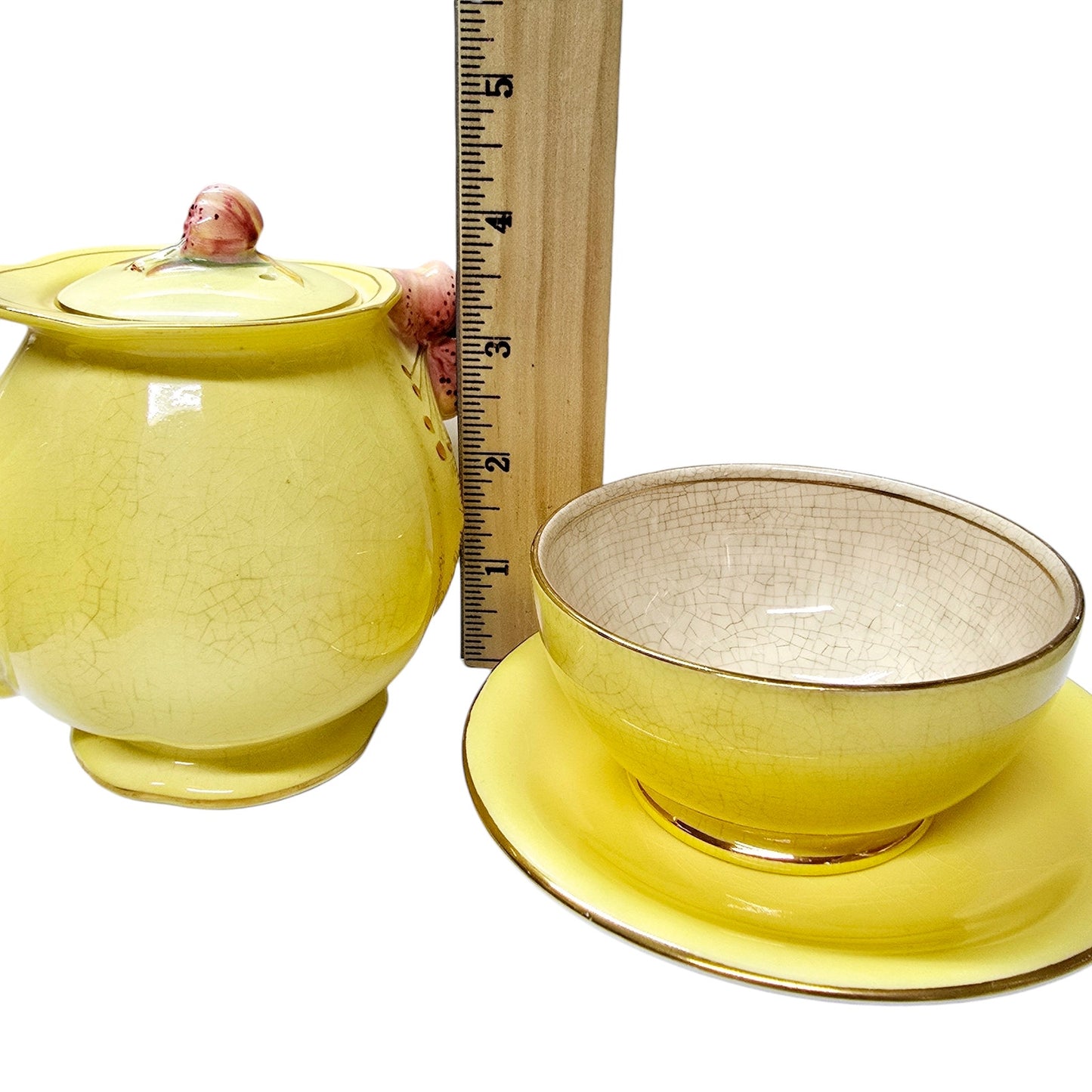 READ 1930's Royal Winton Grimewades Tiger Lily Teapot, Sugar Bowl? and Saucer Yellow
