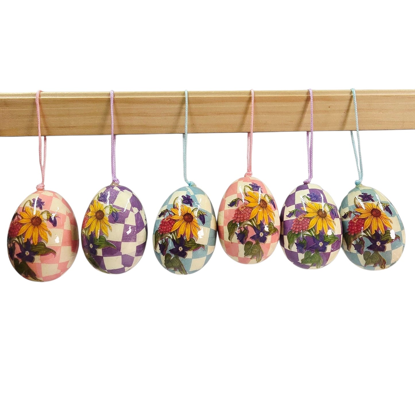 Set of 6 Vintage Easter Eggs Decoupage Paper Mache Ornaments Shabby Chic